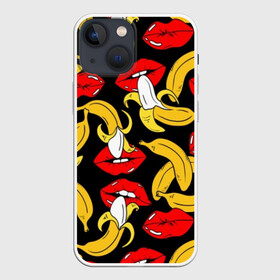 Чехол для iPhone 13 mini с принтом Губы и бананы в Новосибирске,  |  | background | bananas | black | drawing | erotic | food | fruit | lips | red | womens | бананы | губы | еда | женские | красные | рисунок | фон | фрукты | черный