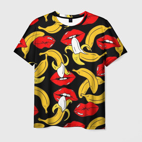 Мужская футболка 3D с принтом Губы и бананы в Новосибирске, 100% полиэфир | прямой крой, круглый вырез горловины, длина до линии бедер | Тематика изображения на принте: background | bananas | black | drawing | erotic | food | fruit | lips | red | womens | бананы | губы | еда | женские | красные | рисунок | фон | фрукты | черный