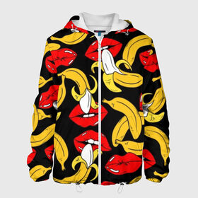 Мужская куртка 3D с принтом Губы и бананы в Новосибирске, ткань верха — 100% полиэстер, подклад — флис | прямой крой, подол и капюшон оформлены резинкой с фиксаторами, два кармана без застежек по бокам, один большой потайной карман на груди. Карман на груди застегивается на липучку | background | bananas | black | drawing | erotic | food | fruit | lips | red | womens | бананы | губы | еда | женские | красные | рисунок | фон | фрукты | черный