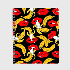 Тетрадь с принтом Губы и бананы в Новосибирске, 100% бумага | 48 листов, плотность листов — 60 г/м2, плотность картонной обложки — 250 г/м2. Листы скреплены сбоку удобной пружинной спиралью. Уголки страниц и обложки скругленные. Цвет линий — светло-серый
 | background | bananas | black | drawing | erotic | food | fruit | lips | red | womens | бананы | губы | еда | женские | красные | рисунок | фон | фрукты | черный