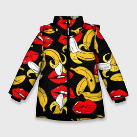 Зимняя куртка для девочек 3D с принтом Губы и бананы в Новосибирске, ткань верха — 100% полиэстер; подклад — 100% полиэстер, утеплитель — 100% полиэстер. | длина ниже бедра, удлиненная спинка, воротник стойка и отстегивающийся капюшон. Есть боковые карманы с листочкой на кнопках, утяжки по низу изделия и внутренний карман на молнии. 

Предусмотрены светоотражающий принт на спинке, радужный светоотражающий элемент на пуллере молнии и на резинке для утяжки. | Тематика изображения на принте: background | bananas | black | drawing | erotic | food | fruit | lips | red | womens | бананы | губы | еда | женские | красные | рисунок | фон | фрукты | черный