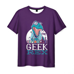 Мужская футболка 3D с принтом Geek Rex в Новосибирске, 100% полиэфир | прямой крой, круглый вырез горловины, длина до линии бедер | geek | rex | дино | динозавр | рекс | ученый | физик | физика | химик | химия