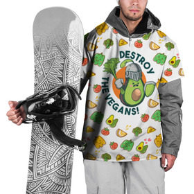 Накидка на куртку 3D с принтом Уничтожим Веганов в Новосибирске, 100% полиэстер |  | готовым к битве с vegans | изображение злого авокадо | одетого как рыцарь | с палочкой из сельдерея как мечом
