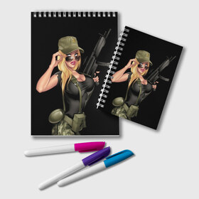 Блокнот с принтом Sexy army girl в Новосибирске, 100% бумага | 48 листов, плотность листов — 60 г/м2, плотность картонной обложки — 250 г/м2. Листы скреплены удобной пружинной спиралью. Цвет линий — светло-серый
 | army | automatic | beautiful | big | black | blonde | body | camouflage | chest | cool | eyes | girl | holds | perfect | slim | uniform | weapon | автомат | армия | блондинка | большая | глаза | девушка | держит | идеальное | камуфляж | красивая