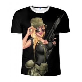Мужская футболка 3D спортивная с принтом Sexy army girl в Новосибирске, 100% полиэстер с улучшенными характеристиками | приталенный силуэт, круглая горловина, широкие плечи, сужается к линии бедра | Тематика изображения на принте: army | automatic | beautiful | big | black | blonde | body | camouflage | chest | cool | eyes | girl | holds | perfect | slim | uniform | weapon | автомат | армия | блондинка | большая | глаза | девушка | держит | идеальное | камуфляж | красивая