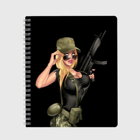 Тетрадь с принтом Sexy army girl в Новосибирске, 100% бумага | 48 листов, плотность листов — 60 г/м2, плотность картонной обложки — 250 г/м2. Листы скреплены сбоку удобной пружинной спиралью. Уголки страниц и обложки скругленные. Цвет линий — светло-серый
 | army | automatic | beautiful | big | black | blonde | body | camouflage | chest | cool | eyes | girl | holds | perfect | slim | uniform | weapon | автомат | армия | блондинка | большая | глаза | девушка | держит | идеальное | камуфляж | красивая