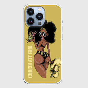 Чехол для iPhone 13 Pro с принтом Chocolate girl в Новосибирске,  |  | africa | african | beautiful | big | black | chocolate | cocktail | exotic | girl | hat | look | round | slim | sunny | turn | африка | большие | взгляд | девушка | держит | коктейль | красивая | круглы | купальник | надпись | очки | полосатый |