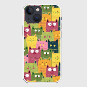 Чехол для iPhone 13 mini с принтом Коты в Новосибирске,  |  | animals | big | blush | cats | children | colorful | colors | cute | drawing | eyes | green | homemade | orange | pink | round | style | yellow | большие | глаза | детский | домашние | желтый | животные | зеленый | коты | красочные | круглые | милые | ора