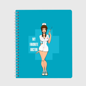 Тетрадь с принтом Sexy nurse в Новосибирске, 100% бумага | 48 листов, плотность листов — 60 г/м2, плотность картонной обложки — 250 г/м2. Листы скреплены сбоку удобной пружинной спиралью. Уголки страниц и обложки скругленные. Цвет линий — светло-серый
 | beautiful | brunette | eyes | figure | girl | green | holding | holiday | legs | long | medical | medicine | nurse | perfect | short | straight | worker | брюнетка | глаза | девушка | держит | длинные | зелёные | идеальная | короткий | красивая | медицина