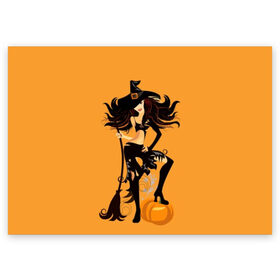 Поздравительная открытка с принтом Ведьма с метлой в Новосибирске, 100% бумага | плотность бумаги 280 г/м2, матовая, на обратной стороне линовка и место для марки
 | Тематика изображения на принте: beautiful | black | broom | cute | girl | hair | halloween | hat | holds | holiday | long | pumpkin | shaggy | smile | stands | witch | young | ведьма | волосы | девушка | держит | длинные | красивая | метла | милая | молодая | праздник | тыква