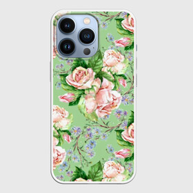 Чехол для iPhone 13 Pro с принтом Розы и васильки в Новосибирске,  |  | art | blue | color | cornflowers | field | flora | flowers | illustration | leaves | nature | painting | petals | pink | plants | roses | watercolor | акварель | букет | васильки | живопись | иллюстрация | искусство | лепестки | листья | полевые | природа