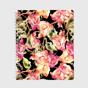 Тетрадь с принтом Розы в Новосибирске, 100% бумага | 48 листов, плотность листов — 60 г/м2, плотность картонной обложки — 250 г/м2. Листы скреплены сбоку удобной пружинной спиралью. Уголки страниц и обложки скругленные. Цвет линий — светло-серый
 | Тематика изображения на принте: art | background | black | flora | flowers | leaves | nature | painting | pattern | petals | pink | plants | red | roses | watercolor | акварель | живопись | искусство | красные | лепестки | листья | природа | растения | розовые | розы | узор | флора | фо