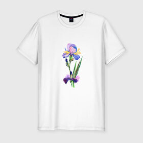Мужская футболка премиум с принтом Ирис в Новосибирске, 92% хлопок, 8% лайкра | приталенный силуэт, круглый вырез ворота, длина до линии бедра, короткий рукав | акварель | цветочки | цветы