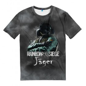 Мужская футболка 3D с принтом Jager : Rainbow Six в Новосибирске, 100% полиэфир | прямой крой, круглый вырез горловины, длина до линии бедер | gameplay | mozzie | pvp | r6 | r6s | siege | герой | дым | огонь | осада | пламя | радуга | снайпер | сражения | туман | шутер