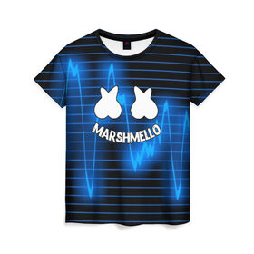 Женская футболка 3D с принтом Marshmello в Новосибирске, 100% полиэфир ( синтетическое хлопкоподобное полотно) | прямой крой, круглый вырез горловины, длина до линии бедер | christopher comstock | dj | marshmello | music | диджей | клубная музыка | клубняк | крис комсток | логотип | маршмеллоу | музыка