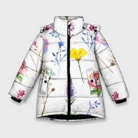 Зимняя куртка для девочек 3D с принтом Полевые цветы в Новосибирске, ткань верха — 100% полиэстер; подклад — 100% полиэстер, утеплитель — 100% полиэстер. | длина ниже бедра, удлиненная спинка, воротник стойка и отстегивающийся капюшон. Есть боковые карманы с листочкой на кнопках, утяжки по низу изделия и внутренний карман на молнии. 

Предусмотрены светоотражающий принт на спинке, радужный светоотражающий элемент на пуллере молнии и на резинке для утяжки. | акварель | мода | стиль | цветочки | цветы