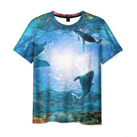 Мужская футболка 3D с принтом Дельфины в Новосибирске, 100% полиэфир | прямой крой, круглый вырез горловины, длина до линии бедер | fish | аква | аквариум | вода | кораллы | море | океан | ракушки | рыбки | рыбы