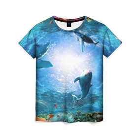 Женская футболка 3D с принтом Дельфины в Новосибирске, 100% полиэфир ( синтетическое хлопкоподобное полотно) | прямой крой, круглый вырез горловины, длина до линии бедер | fish | аква | аквариум | вода | кораллы | море | океан | ракушки | рыбки | рыбы