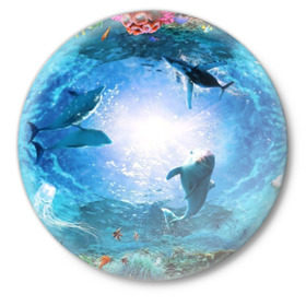 Значок с принтом Дельфины в Новосибирске,  металл | круглая форма, металлическая застежка в виде булавки | fish | аква | аквариум | вода | кораллы | море | океан | ракушки | рыбки | рыбы