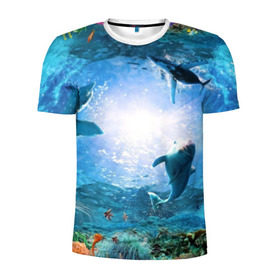 Мужская футболка 3D спортивная с принтом Дельфины в Новосибирске, 100% полиэстер с улучшенными характеристиками | приталенный силуэт, круглая горловина, широкие плечи, сужается к линии бедра | fish | аква | аквариум | вода | кораллы | море | океан | ракушки | рыбки | рыбы