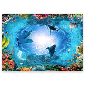 Поздравительная открытка с принтом Дельфины в Новосибирске, 100% бумага | плотность бумаги 280 г/м2, матовая, на обратной стороне линовка и место для марки
 | fish | аква | аквариум | вода | кораллы | море | океан | ракушки | рыбки | рыбы