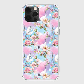 Чехол для iPhone 12 Pro Max с принтом Узор с журавлями в Новосибирске, Силикон |  | art | birds | blooming | buds | cherry | crane | flowers | fly | japanese | leaves | pattern | petals | pink | red headed | spring | watercolor | акварель | бутоны | весна | вишня | журавль | искусство | красноголовый | лепестки | летают | листья | м | пт