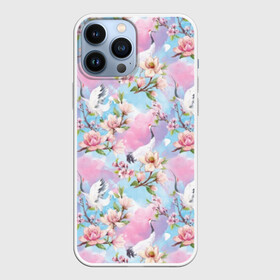 Чехол для iPhone 13 Pro Max с принтом Узор с журавлями в Новосибирске,  |  | art | birds | blooming | buds | cherry | crane | flowers | fly | japanese | leaves | pattern | petals | pink | red headed | spring | watercolor | акварель | бутоны | весна | вишня | журавль | искусство | красноголовый | лепестки | летают | листья | м | пт