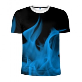 Мужская футболка 3D спортивная с принтом Синий огонь в Новосибирске, 100% полиэстер с улучшенными характеристиками | приталенный силуэт, круглая горловина, широкие плечи, сужается к линии бедра | fire | flame | in fire | smoke | в огне | дым | огненный | огонь | текстуры