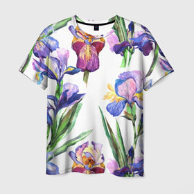 Мужская футболка 3D с принтом Ирисы в Новосибирске, 100% полиэфир | прямой крой, круглый вырез горловины, длина до линии бедер | Тематика изображения на принте: акварель | мода | стиль | цветочки | цветы