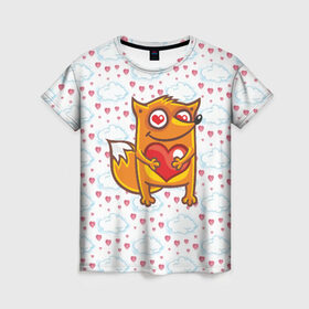 Женская футболка 3D с принтом Влюбленная лисичка в Новосибирске, 100% полиэфир ( синтетическое хлопкоподобное полотно) | прямой крой, круглый вырез горловины, длина до линии бедер | Тематика изображения на принте: fox | foxed | арт | лис | лиса | лисенок | лисичка | пушистик | рыжая | рыжмй хвост