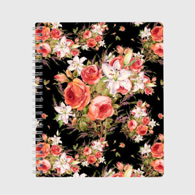 Тетрадь с принтом Лилии и розы в Новосибирске, 100% бумага | 48 листов, плотность листов — 60 г/м2, плотность картонной обложки — 250 г/м2. Листы скреплены сбоку удобной пружинной спиралью. Уголки страниц и обложки скругленные. Цвет линий — светло-серый
 | Тематика изображения на принте: art | bouquet | field | flowers | leaves | lilies | painting | pattern | petals | roses | stems | watercolor | акварель | букет | живопись | искусство | лепестки | лилии | листья | полевые | розы | узор | цветы