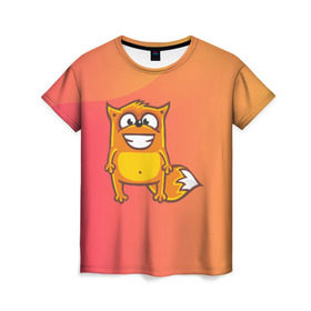 Женская футболка 3D с принтом Довольная лиса в Новосибирске, 100% полиэфир ( синтетическое хлопкоподобное полотно) | прямой крой, круглый вырез горловины, длина до линии бедер | fox | foxed | арт | лис | лиса | лисенок | лисичка | пушистик | рыжая | рыжмй хвост