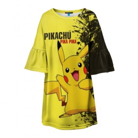 Детское платье 3D с принтом Pikachu Pika Pika в Новосибирске, 100% полиэстер | прямой силуэт, чуть расширенный к низу. Круглая горловина, на рукавах — воланы | pika | pikachu | аниме | детская | детям | игры | молния | мышка | мышь | пика | пикачу | покемон | покемоны