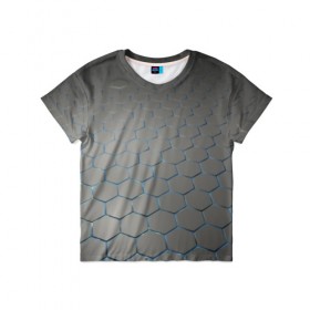 Детская футболка 3D с принтом СТАЛЬНЫЕ ГРАНИ в Новосибирске, 100% гипоаллергенный полиэфир | прямой крой, круглый вырез горловины, длина до линии бедер, чуть спущенное плечо, ткань немного тянется | abstraction | geometry | hexagon | techno | абстракция | броня | геометрия | краски | неон | неоновый | сетка | соты | стальная броня | текстура | шестигранники