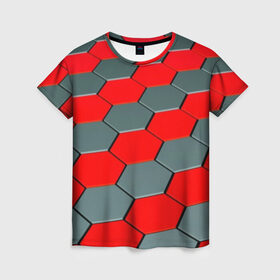 Женская футболка 3D с принтом металлическая броня в Новосибирске, 100% полиэфир ( синтетическое хлопкоподобное полотно) | прямой крой, круглый вырез горловины, длина до линии бедер | abstraction | geometry | hexagon | techno | абстракция | броня | геометрия | краски | неон | неоновый | сетка | соты | стальная броня | текстура | шестигранники