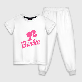 Детская пижама хлопок с принтом Barbie в Новосибирске, 100% хлопок |  брюки и футболка прямого кроя, без карманов, на брюках мягкая резинка на поясе и по низу штанин
 | barbara | barbie | beauty | doll | girl | idol | perfect | pink | pop | toy | usa | woman | барбара | барби | девушка | игрушка | кукла | поп идол | розовый | силуэт | сша