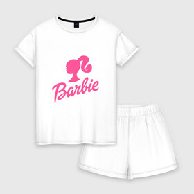 Женская пижама с шортиками хлопок с принтом Barbie в Новосибирске, 100% хлопок | футболка прямого кроя, шорты свободные с широкой мягкой резинкой | barbara | barbie | beauty | doll | girl | idol | perfect | pink | pop | toy | usa | woman | барбара | барби | девушка | игрушка | кукла | поп идол | розовый | силуэт | сша