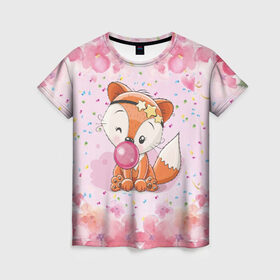 Женская футболка 3D с принтом Милая лисичка с жвачкой в Новосибирске, 100% полиэфир ( синтетическое хлопкоподобное полотно) | прямой крой, круглый вырез горловины, длина до линии бедер | fox | foxed | арт | лис | лиса | лисенок | лисичка | пушистик | рыжая | рыжмй хвост