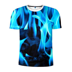 Мужская футболка 3D спортивная с принтом Синий огонь в Новосибирске, 100% полиэстер с улучшенными характеристиками | приталенный силуэт, круглая горловина, широкие плечи, сужается к линии бедра | fire | flame | in fire | smoke | в огне | дым | огненный | огонь | текстуры