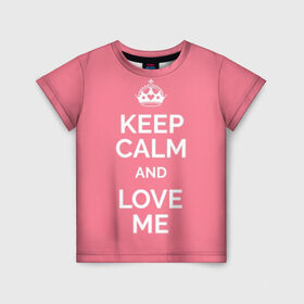 Детская футболка 3D с принтом Keep calm and love me в Новосибирске, 100% гипоаллергенный полиэфир | прямой крой, круглый вырез горловины, длина до линии бедер, чуть спущенное плечо, ткань немного тянется | and | call | crown | girl | heart | keep calm | keyboard | lips | me | red | royal | slogan | text | valentines day | валентина | губы | девиз | девушка | день | и | клавиатура | клавиши | королевская | корона | красный | лозунг | люби | любовь | меня | н