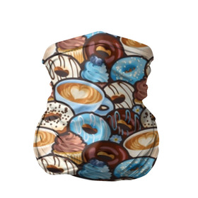 Бандана-труба 3D с принтом Пончики и кофе в Новосибирске, 100% полиэстер, ткань с особыми свойствами — Activecool | плотность 150‒180 г/м2; хорошо тянется, но сохраняет форму | art | berries | blue | blueberries | brown | cake | candy | chocolate | coffee | cup | donuts | gifts | heart | painting | sweets | живопись | искусство | конфеты | коричневые | кофе | пирожное | подарки | пончики | сердце | синие | сладости | чашка | чер
