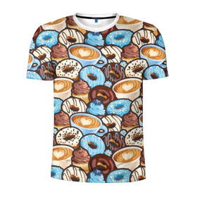 Мужская футболка 3D спортивная с принтом Пончики и кофе в Новосибирске, 100% полиэстер с улучшенными характеристиками | приталенный силуэт, круглая горловина, широкие плечи, сужается к линии бедра | art | berries | blue | blueberries | brown | cake | candy | chocolate | coffee | cup | donuts | gifts | heart | painting | sweets | живопись | искусство | конфеты | коричневые | кофе | пирожное | подарки | пончики | сердце | синие | сладости | чашка | чер