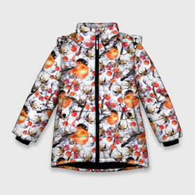 Зимняя куртка для девочек 3D с принтом Снегири в Новосибирске, ткань верха — 100% полиэстер; подклад — 100% полиэстер, утеплитель — 100% полиэстер. | длина ниже бедра, удлиненная спинка, воротник стойка и отстегивающийся капюшон. Есть боковые карманы с листочкой на кнопках, утяжки по низу изделия и внутренний карман на молнии. 

Предусмотрены светоотражающий принт на спинке, радужный светоотражающий элемент на пуллере молнии и на резинке для утяжки. | Тематика изображения на принте: art | berries | bullfinch | cocoons | cotton | nature | painting | plants | red | watercolor | winter birds | акварель | живопись | зимние | искусство | коконы | красные | природа | птицы | растения | снегири | хлопок | ягоды