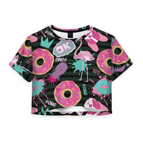 Женская футболка Cropp-top с принтом Пончики, мопсы и фламинго. в Новосибирске, 100% полиэстер | круглая горловина, длина футболки до линии талии, рукава с отворотами | bird | blots | breed | crown | dog | donuts | flamingo | ici | kiss | lips | pastries | pineapple | pink | pug | splashes | stripes | sweet | ананас | брызги | выпечка | глазурь | губы | женские | кляксы | корона | мопс | отпечаток | полосы | пончики | по