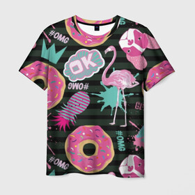 Мужская футболка 3D с принтом Пончики, мопсы и фламинго. в Новосибирске, 100% полиэфир | прямой крой, круглый вырез горловины, длина до линии бедер | bird | blots | breed | crown | dog | donuts | flamingo | ici | kiss | lips | pastries | pineapple | pink | pug | splashes | stripes | sweet | ананас | брызги | выпечка | глазурь | губы | женские | кляксы | корона | мопс | отпечаток | полосы | пончики | по
