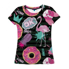 Женская футболка 3D с принтом Пончики, мопсы и фламинго. в Новосибирске, 100% полиэфир ( синтетическое хлопкоподобное полотно) | прямой крой, круглый вырез горловины, длина до линии бедер | Тематика изображения на принте: bird | blots | breed | crown | dog | donuts | flamingo | ici | kiss | lips | pastries | pineapple | pink | pug | splashes | stripes | sweet | ананас | брызги | выпечка | глазурь | губы | женские | кляксы | корона | мопс | отпечаток | полосы | пончики | по