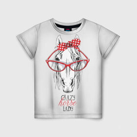 Детская футболка 3D с принтом Crazy horse lady в Новосибирске, 100% гипоаллергенный полиэфир | прямой крой, круглый вырез горловины, длина до линии бедер, чуть спущенное плечо, ткань немного тянется | animal | blonde | bow | crazy | cute | head | horse | lady | look | polka | portrait | red | white | бант | белая | белый | блондинка | взгляд | голова | горошек | животное | красный | леди | лошадь | милый | очки | портрет | сумасшедшая
