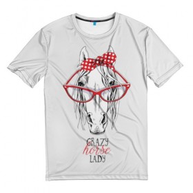 Мужская футболка 3D с принтом Crazy horse lady в Новосибирске, 100% полиэфир | прямой крой, круглый вырез горловины, длина до линии бедер | animal | blonde | bow | crazy | cute | head | horse | lady | look | polka | portrait | red | white | бант | белая | белый | блондинка | взгляд | голова | горошек | животное | красный | леди | лошадь | милый | очки | портрет | сумасшедшая