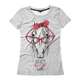 Женская футболка 3D с принтом Crazy horse lady в Новосибирске, 100% полиэфир ( синтетическое хлопкоподобное полотно) | прямой крой, круглый вырез горловины, длина до линии бедер | animal | blonde | bow | crazy | cute | head | horse | lady | look | polka | portrait | red | white | бант | белая | белый | блондинка | взгляд | голова | горошек | животное | красный | леди | лошадь | милый | очки | портрет | сумасшедшая