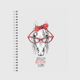 Тетрадь с принтом Crazy horse lady в Новосибирске, 100% бумага | 48 листов, плотность листов — 60 г/м2, плотность картонной обложки — 250 г/м2. Листы скреплены сбоку удобной пружинной спиралью. Уголки страниц и обложки скругленные. Цвет линий — светло-серый
 | animal | blonde | bow | crazy | cute | head | horse | lady | look | polka | portrait | red | white | бант | белая | белый | блондинка | взгляд | голова | горошек | животное | красный | леди | лошадь | милый | очки | портрет | сумасшедшая